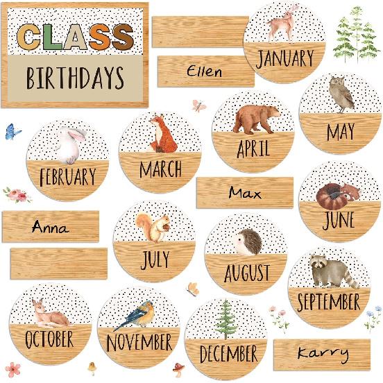 Back to School Birthday Bulletin Board Set Summer Woodland Animals Class Birthday Bulletin Board Stickers Jungle Life Month Header Decals for School