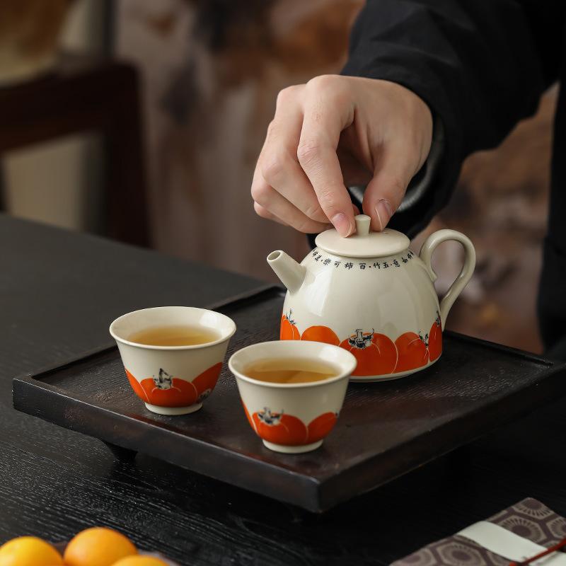 Kung Fu Ceramic Tea Set Plant Ash Persimmon Tea Pot with Bamboo Filter for Household Coffee & Tea Travel-Ready Kettle