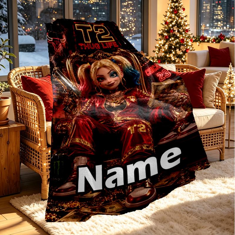 Custom Name Personalized Harley Quinn Joker Print Blanket, Home Decor, Bedroom, Sofa, Camping, Couch, Gifts for Birthday Christmas