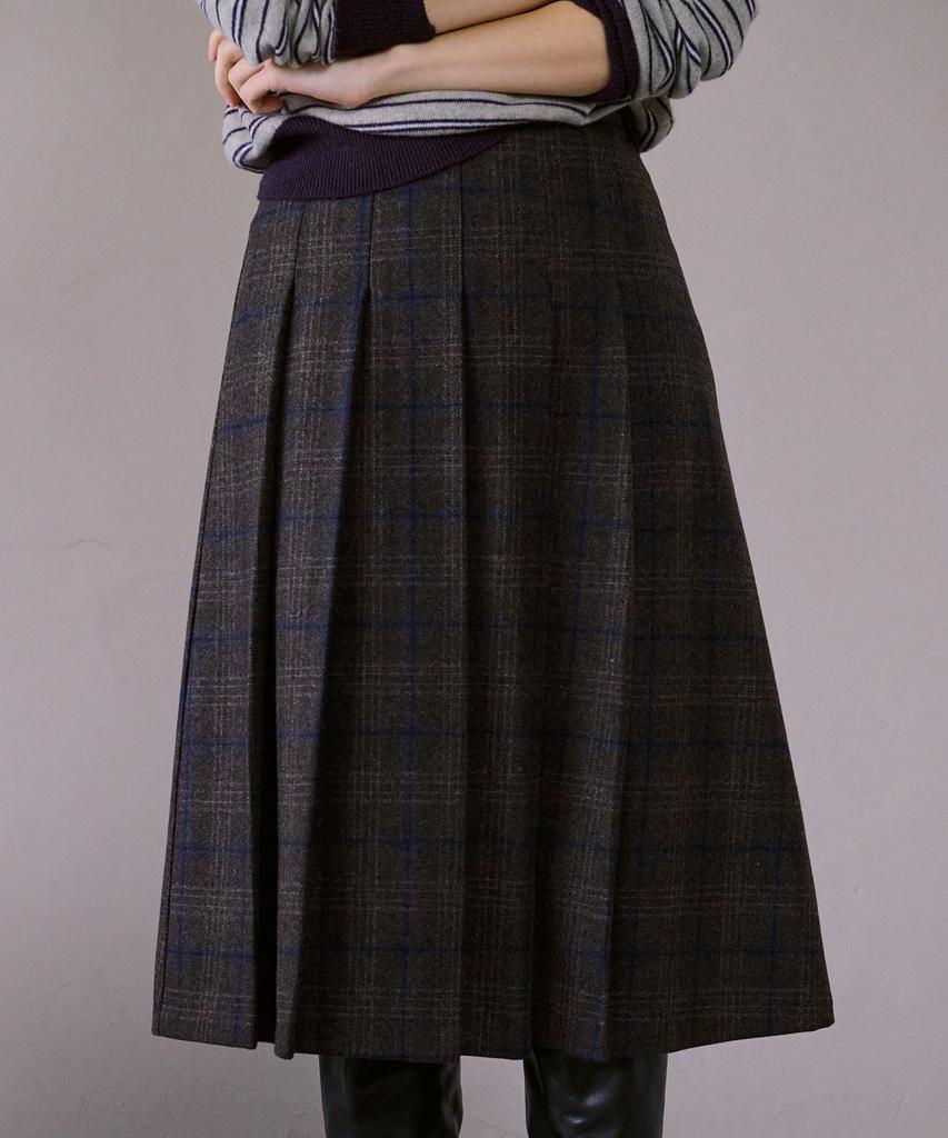 Awi Pleated Wool Check Skirt_Brown