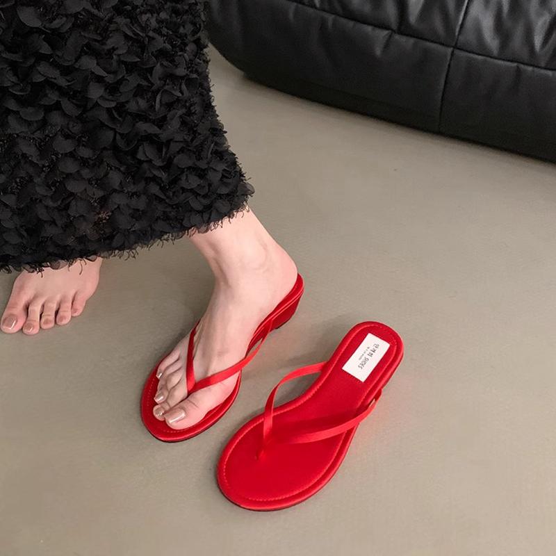 Fashion SUOJIALUN 2025 Summer New Women Slipper Fashion Narrow Band Ladies Slip On Flip On Shoes Low Wedge Heel Outdoor Dress Slides