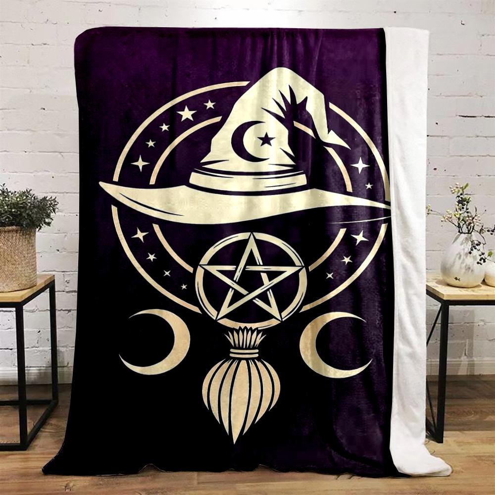 Mystical Witch Hat and Moon Design printed Flannel blanket for bedroom, living room, sofa, and nap