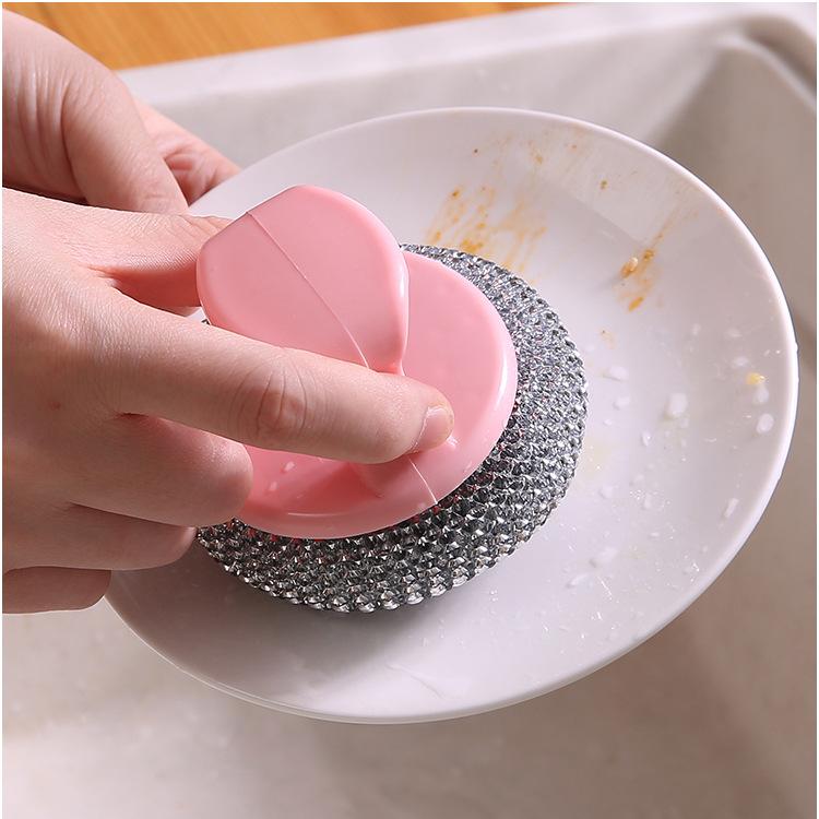 Kitchen Cleaning Brush with Handle Interchangeable Head Pot Brush Multi-purpose Dish Brush Cleaning Ball Steel Ball