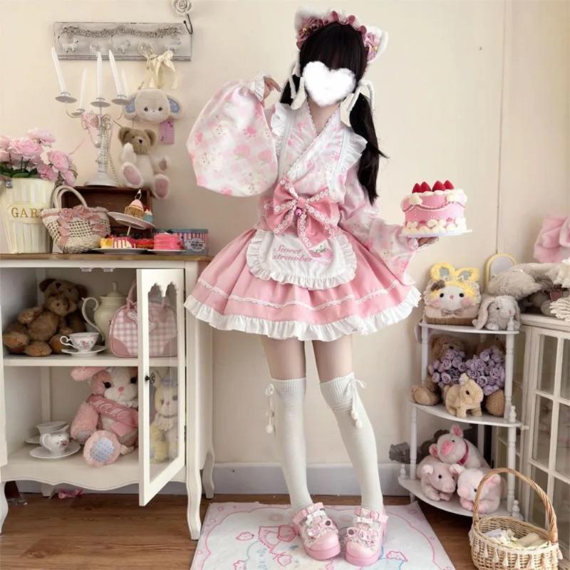 Traditional Japanese Lolita Coord Cherry Blossom Maid Dress Set Kawaii Vintage Cosplay Modern Hanfu
