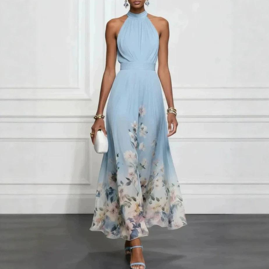 2026 New European and American Neck Sleeveless Lace-up Printed Elegant Temperament Long Dress