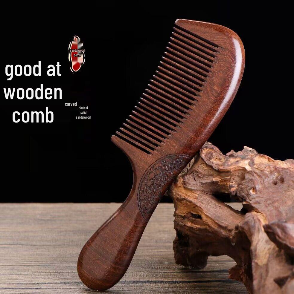 Black Gold Sandalwood Double-Sided Fine Tooth Hair Comb - Carved Moon Design, Ideal As a Holiday Gift
