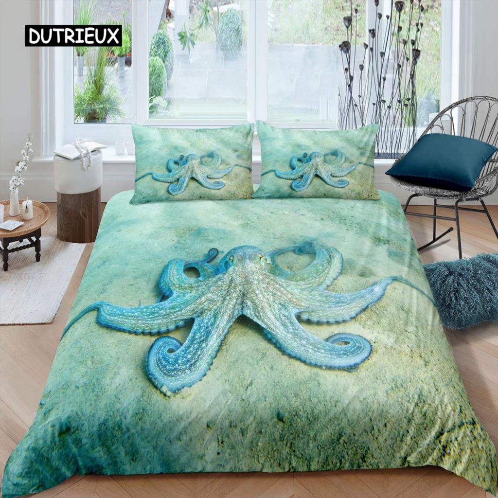 Octopus Duvet Cover Set Microfiber Green Octopus Tentacles Twin Bedding Set Sea Marine Theme Underwater Animal Comforter Cover