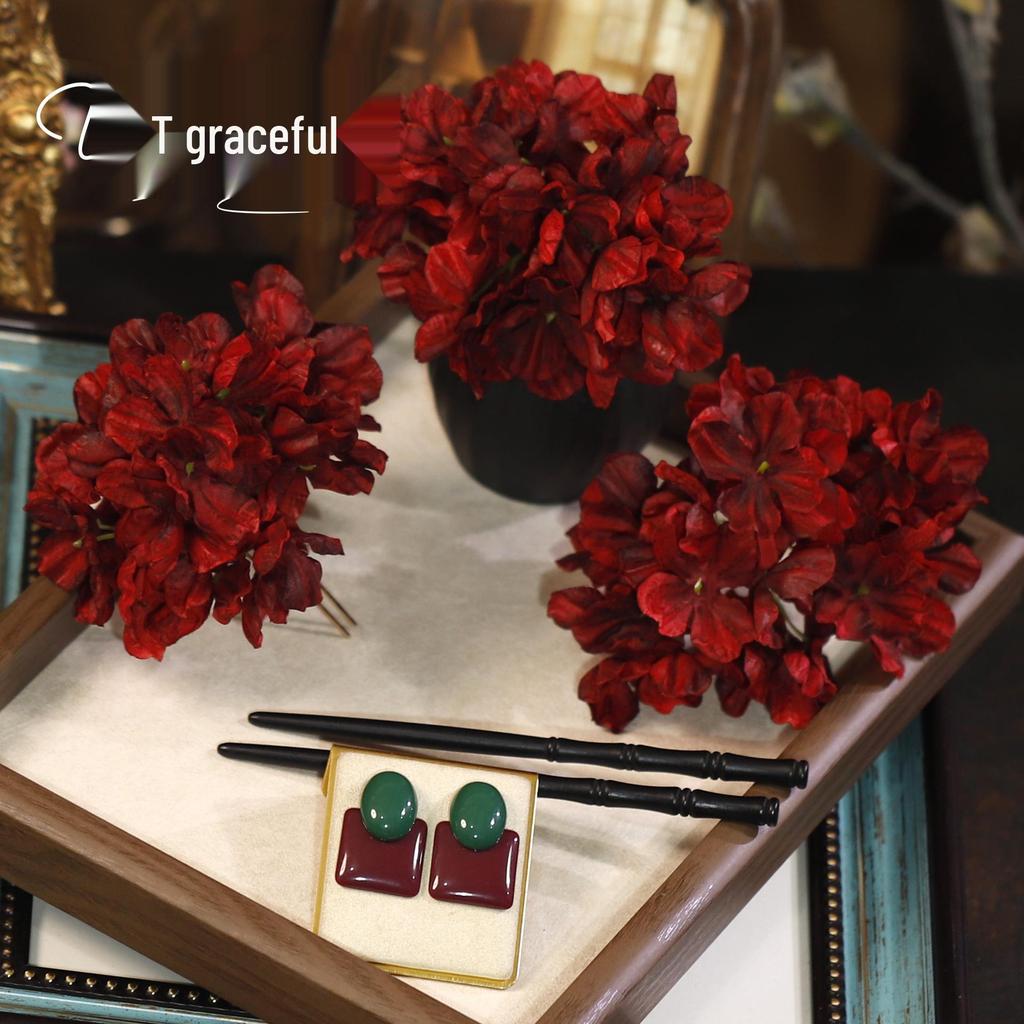 Retro Wine Red Fabric Flower Bridal Hairpin - Classical Chinese Style Headpiece