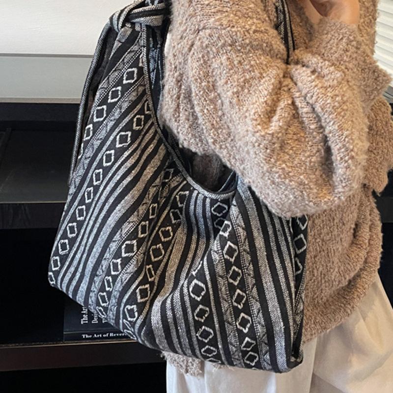 Lazy Canvas Bag Women's Fashion New Retro Shoulder Bag Large Capacity Tote Bag Striped Messenger Bag