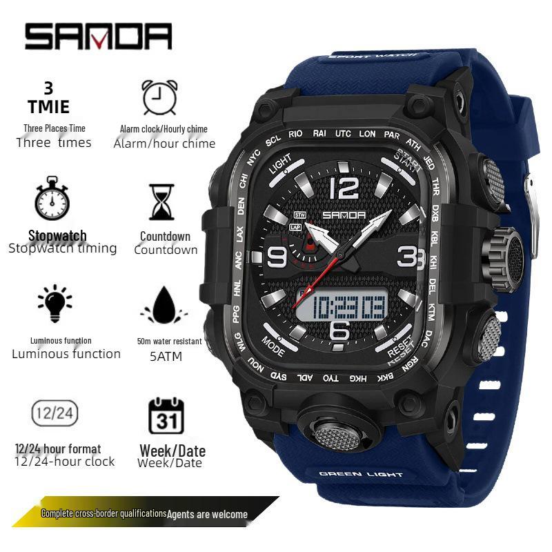 Sanda Men's Trendy Waterproof Multi-Functional Electronic Watches with Three-Time Zones for Casual Use