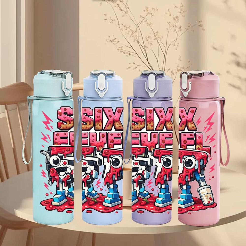 1PC Six Seven Comic Graffiti Design 750ml Color Plastic Sports Water Bottle Leakproof Flip Straw Lid Suitable for Sports Office Home Use