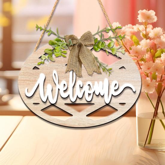 Welcome Wreath, Wood with Hemp Rope Hanger, Fabric Bow Decor Rustic Round Sign, for Doors Walls Entryway