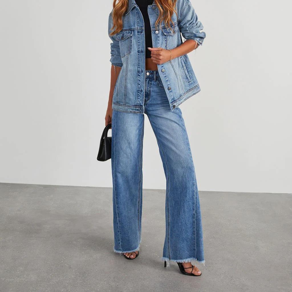 Dámské džíny se širokými nohavicemi s vysokým pasem, strečové, s nezašitým lemem, džínové kalhoty s rovnými nohavicemi