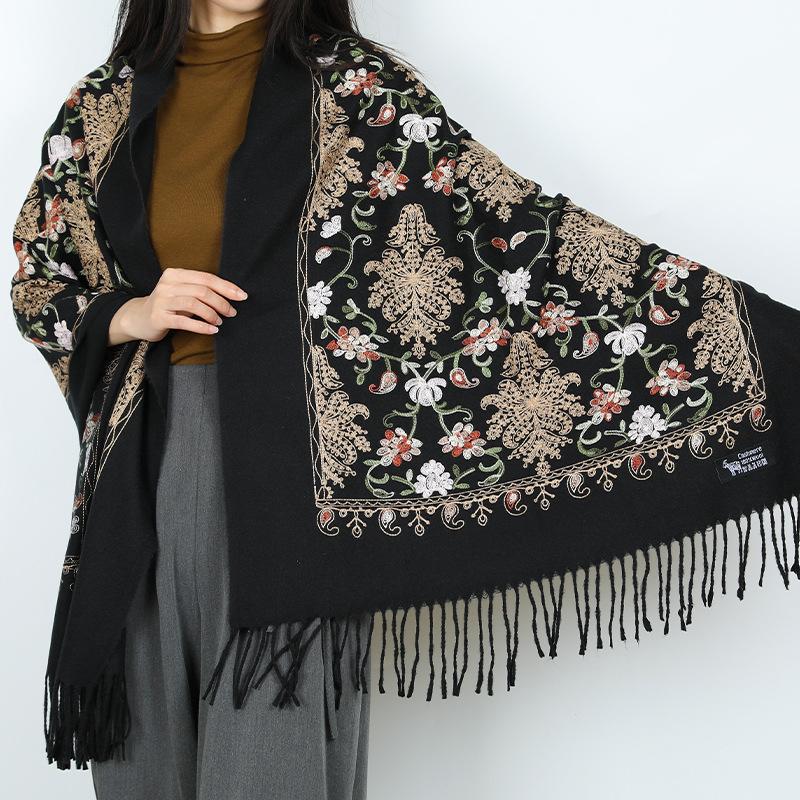 New embroidered women's scarf travel wear with fringed ethnic flowers outside with shawl windproof warm scarf
