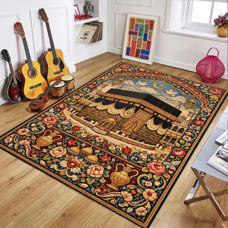 Vintage Islamic Area Rug Kaaba Mosque Floral Border Print NonSlip Floor Mat for Prayer Room Living Room Muslim Home Decor