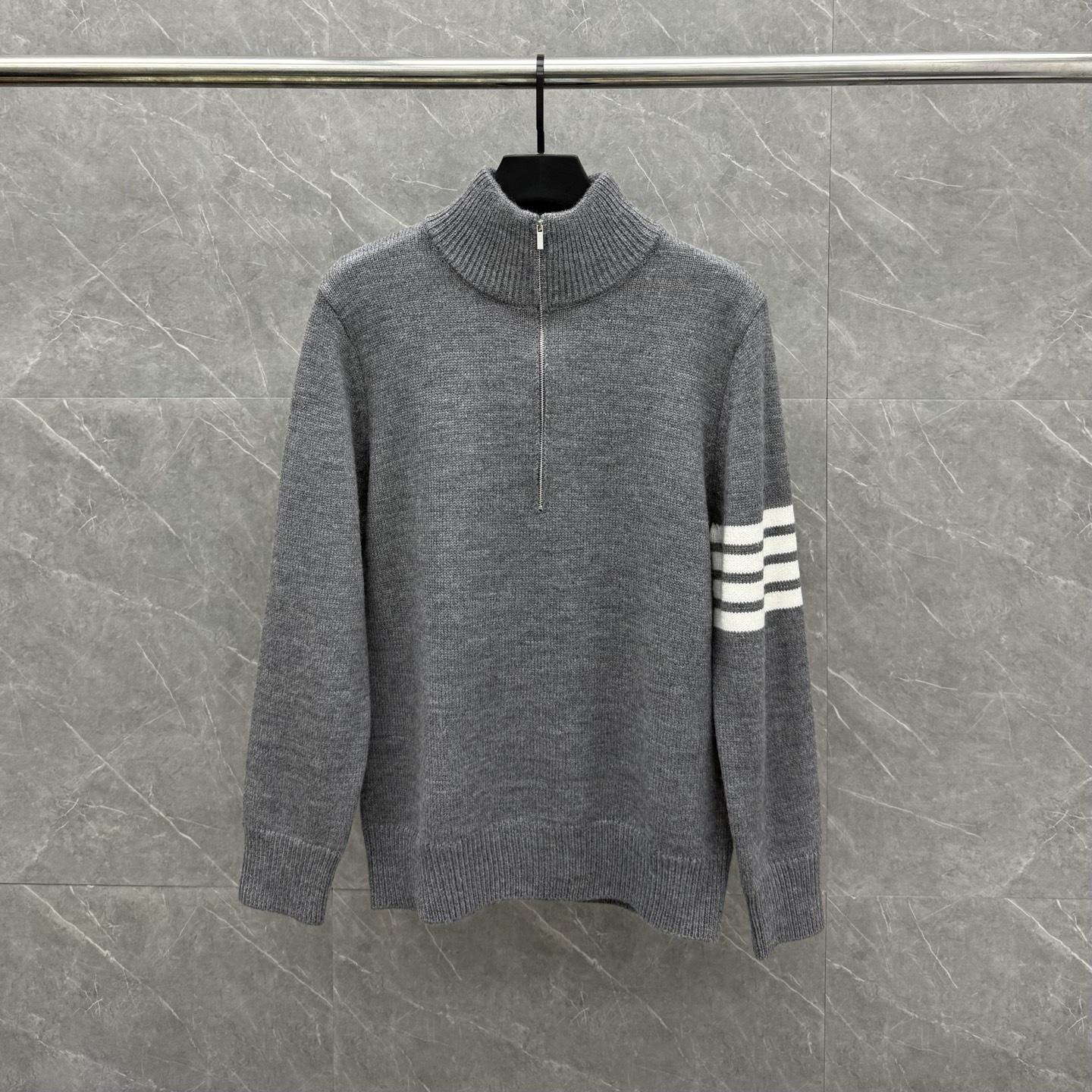Trendy Unisex High Neck Striped Wool Zipper Pullover Sweater Size 3 серый