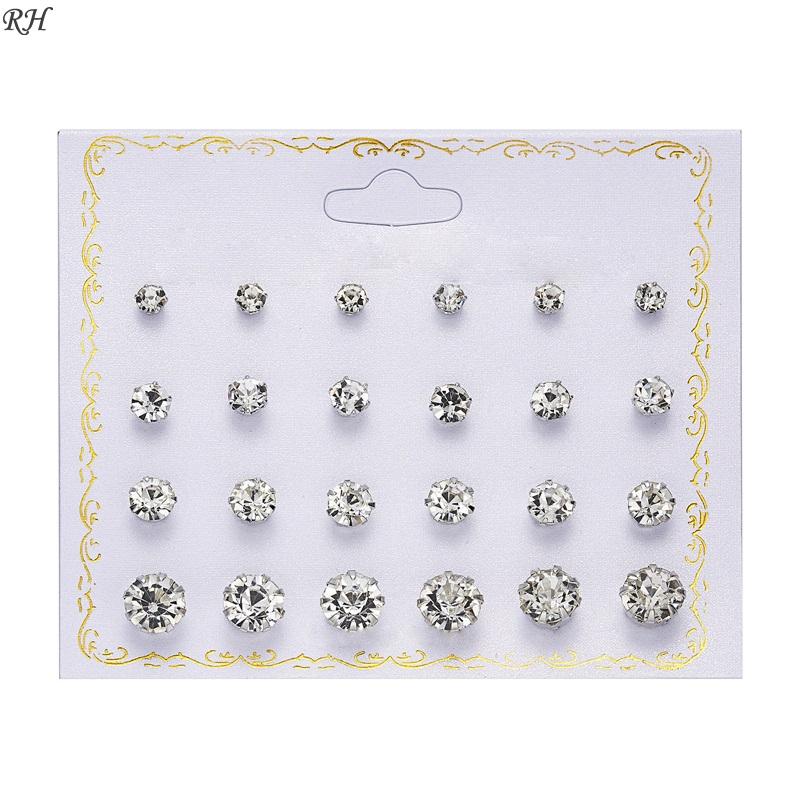12 párů/sada Náušnice s krystalem a imitací perly Sada Dámské šperky Doplňky Piercing Kuličkové puzetkové náušnice Sada Bijouterie náušnice
