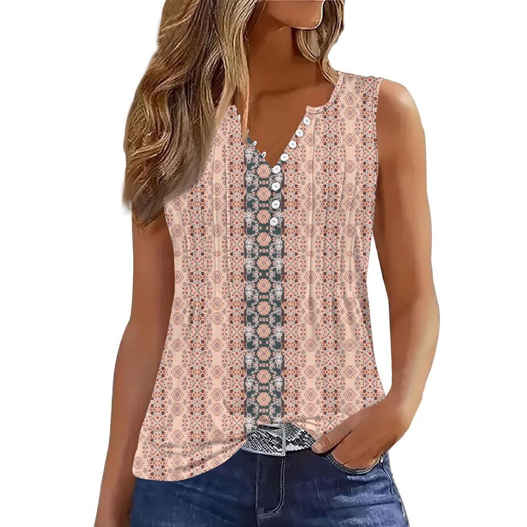 Women's Flowers And Plants Casual Loose Pleated Shirt V Collar Button-down T-shirt Shirt Sleeveless Vest Top