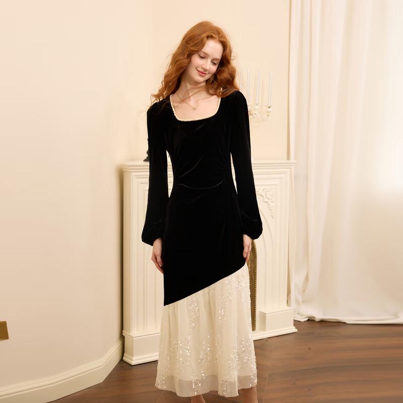 

San Cai 2025 Winter French Square Neck Long Sleeve Faux Two-Piece A-Line Dress S