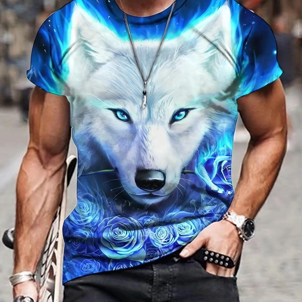 2024 New Animal T-Shirt For Men's Lion Tiger Wolf Printed Oversized T-Shirt Summer Men's Short Sleeve Tops Hawaii