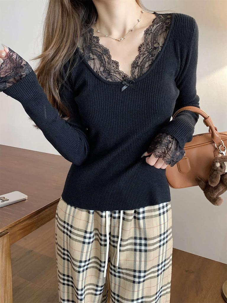 Sexy Spice Girl Neck Lace Splicing Knitted Bottom Shirt Women's Spring Slim Skinny Pit Sweater with Top
