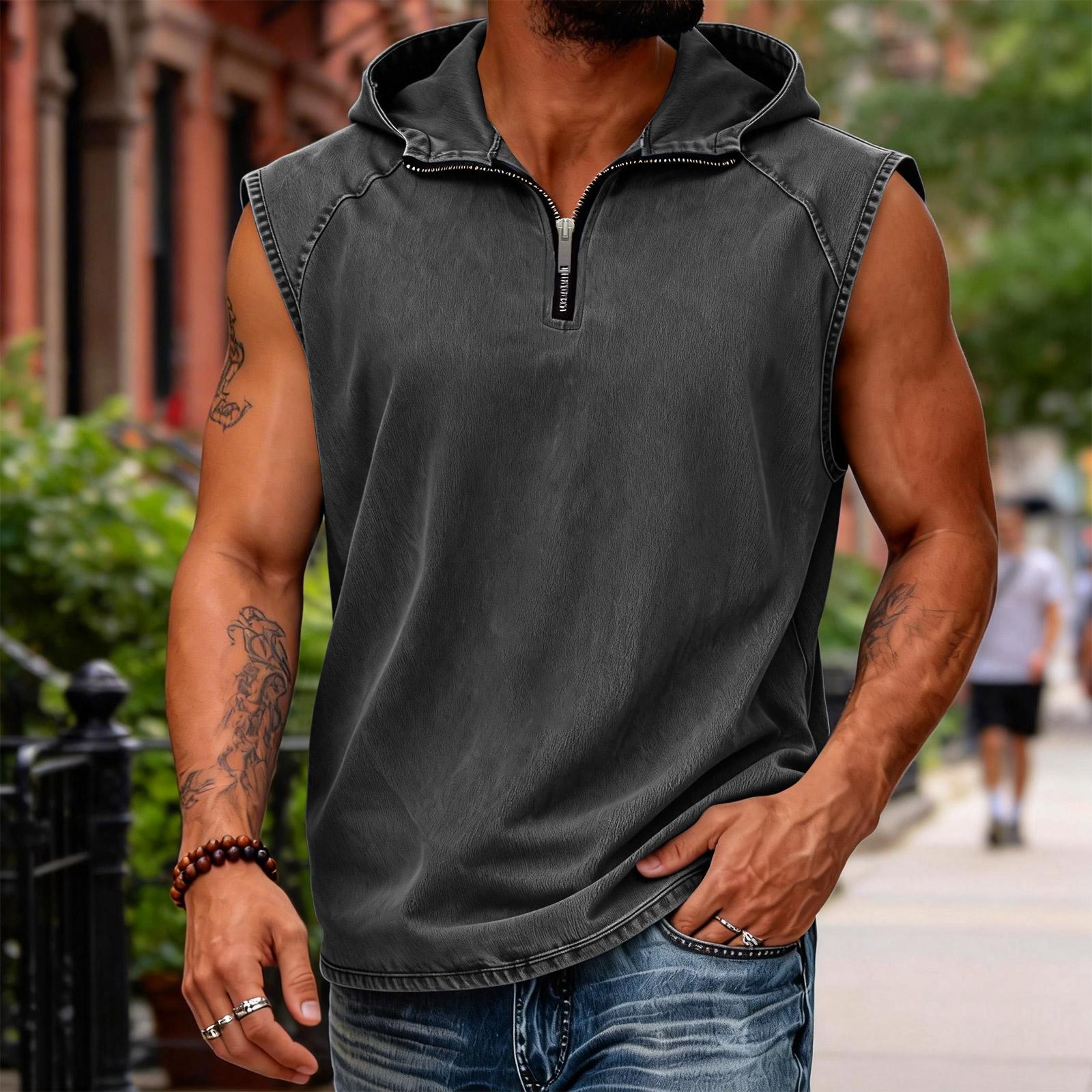Men s Casual Vintage Washed 1/4 Zip Sleeveless Hoodie, Lightweight Outdoor Hooded Tank Top L