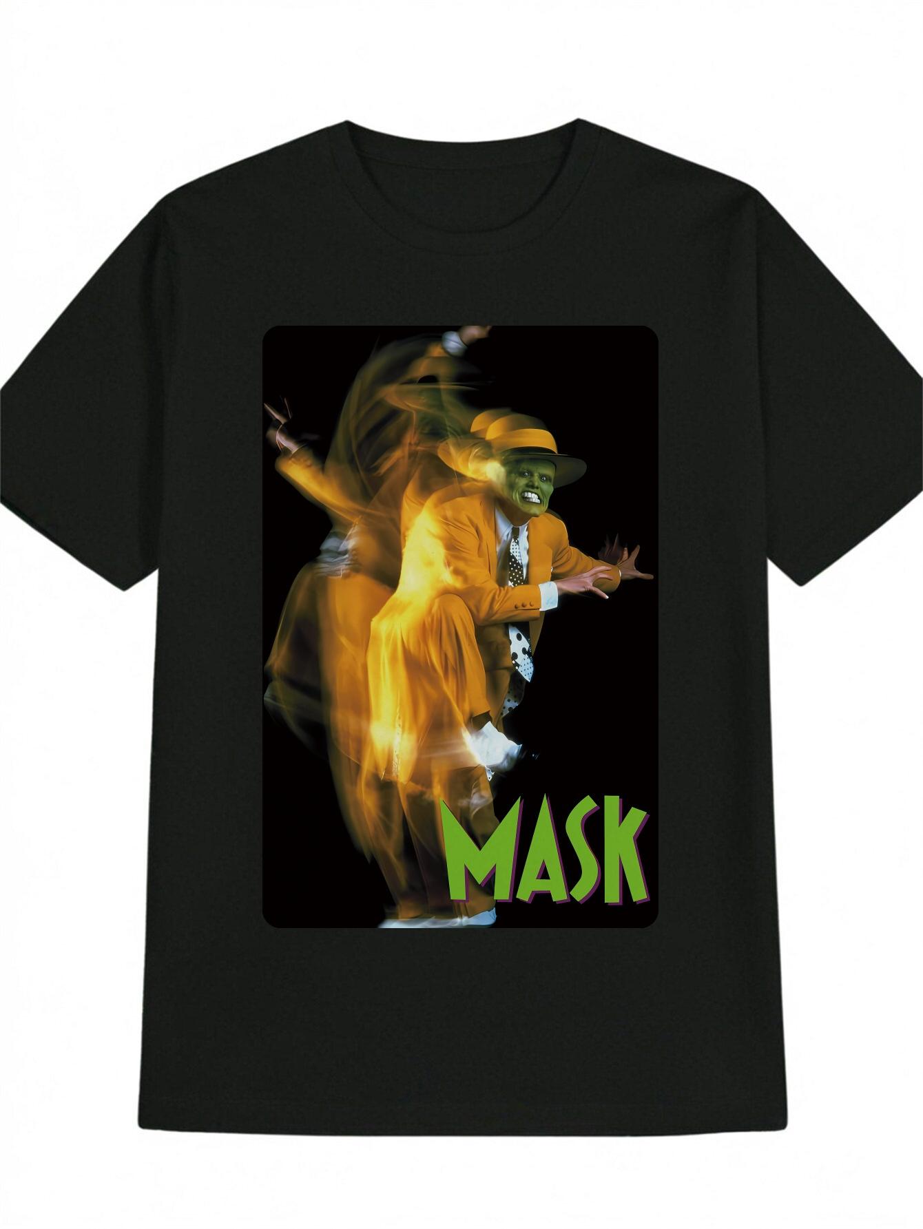 Black Graphic T-shirt with Yellow Suit & Top Hat Mask Print - Casual Round Neck Summer Tee M