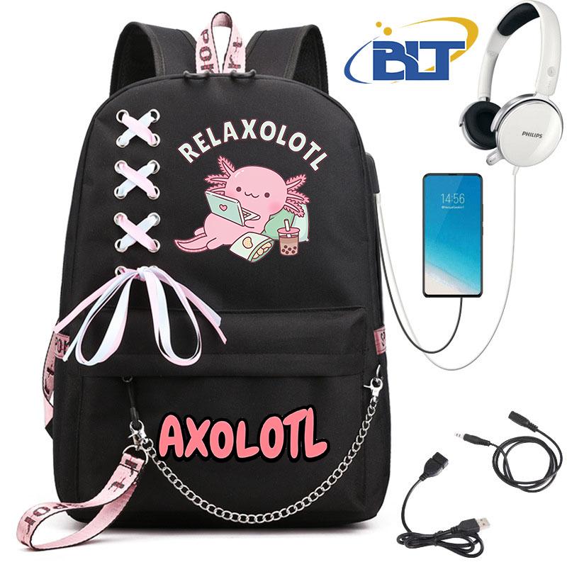 Cute Axolotl Printed Student Schoolbag for Girls Black Backpack Usb Kids Casual Bag Back To School Gift