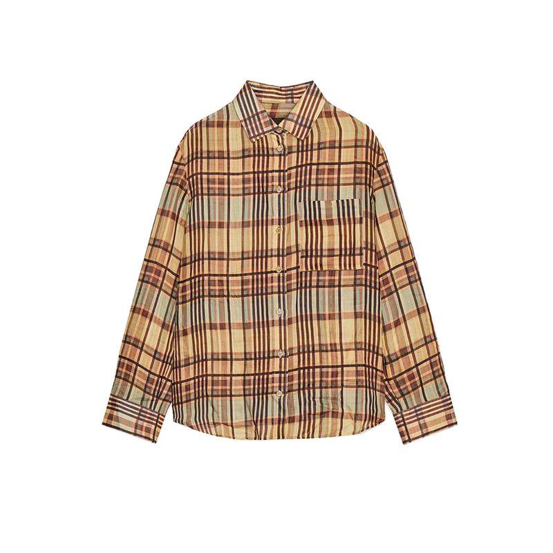 

Autumn New Women s Clothing Retro Style round Hem Lapel Long Sleeves Ramie Blended Gingham Shirt 8379031 Yellow L