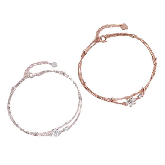 Women Bracelet Double-Layer Cherry Blossom Pendant Bracelet with Rhinestones Inlaid Hollow Design Adjustable Length Bracelet