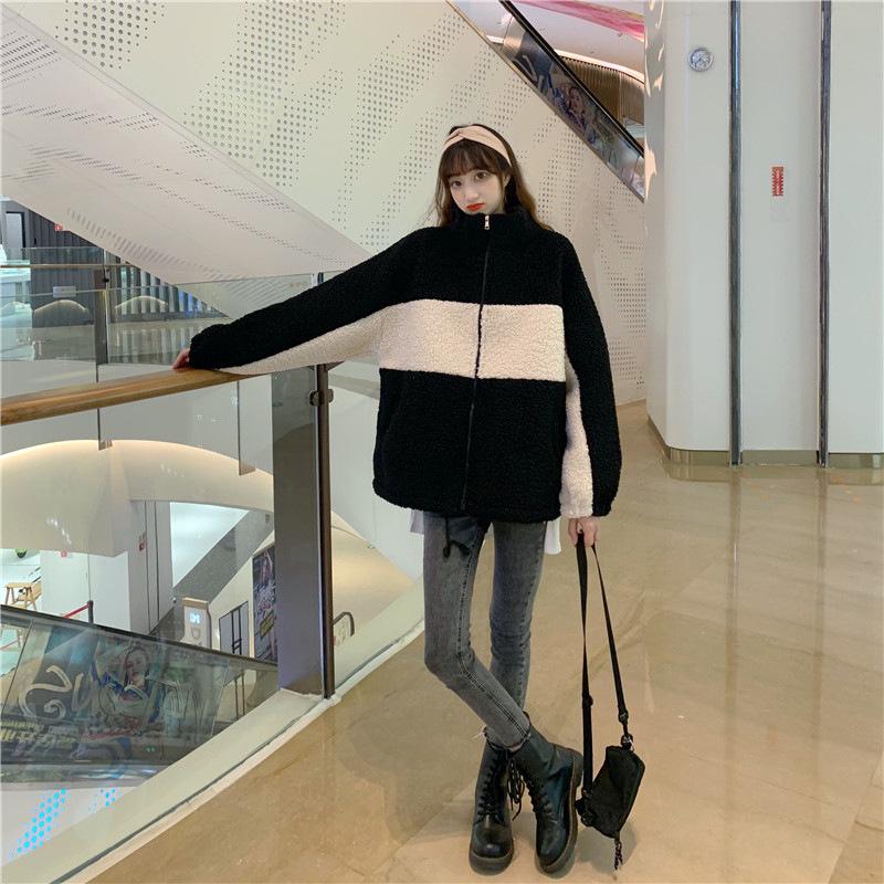 Women's Trendy Korean-Style Color Block Fleece-Lined Lambswool Long Sleeve (Autumn/Winter)