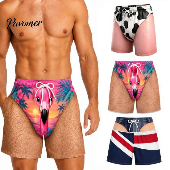 Breathable Lightweight Summer Shorts Men Hairy Butt Shorts, Funny Booty Print Beach Realistic 3D Bathing Suits Briefs Patriotic Swim Trunks