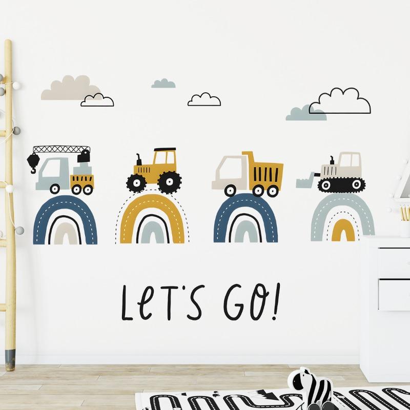 Cartoon INS Cute Engineering Vehicle Road Rainbow Wall Sticker for Kids Room Kindergarten Decor