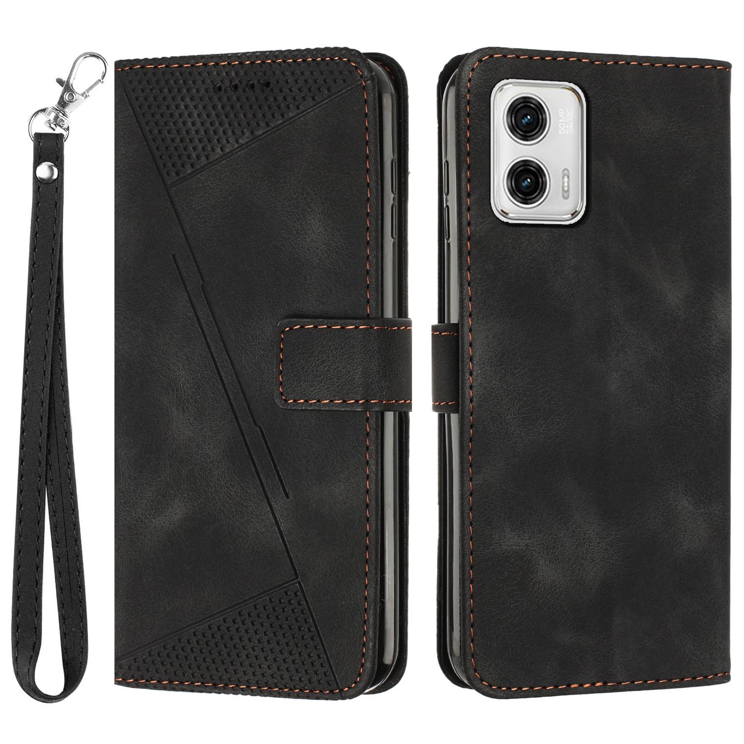 

For Motorola Moto G53 5G/G13 4G/G23 4G Leather Wallet Cover Imprinted Foldable Stand Phone Case with Strap Black