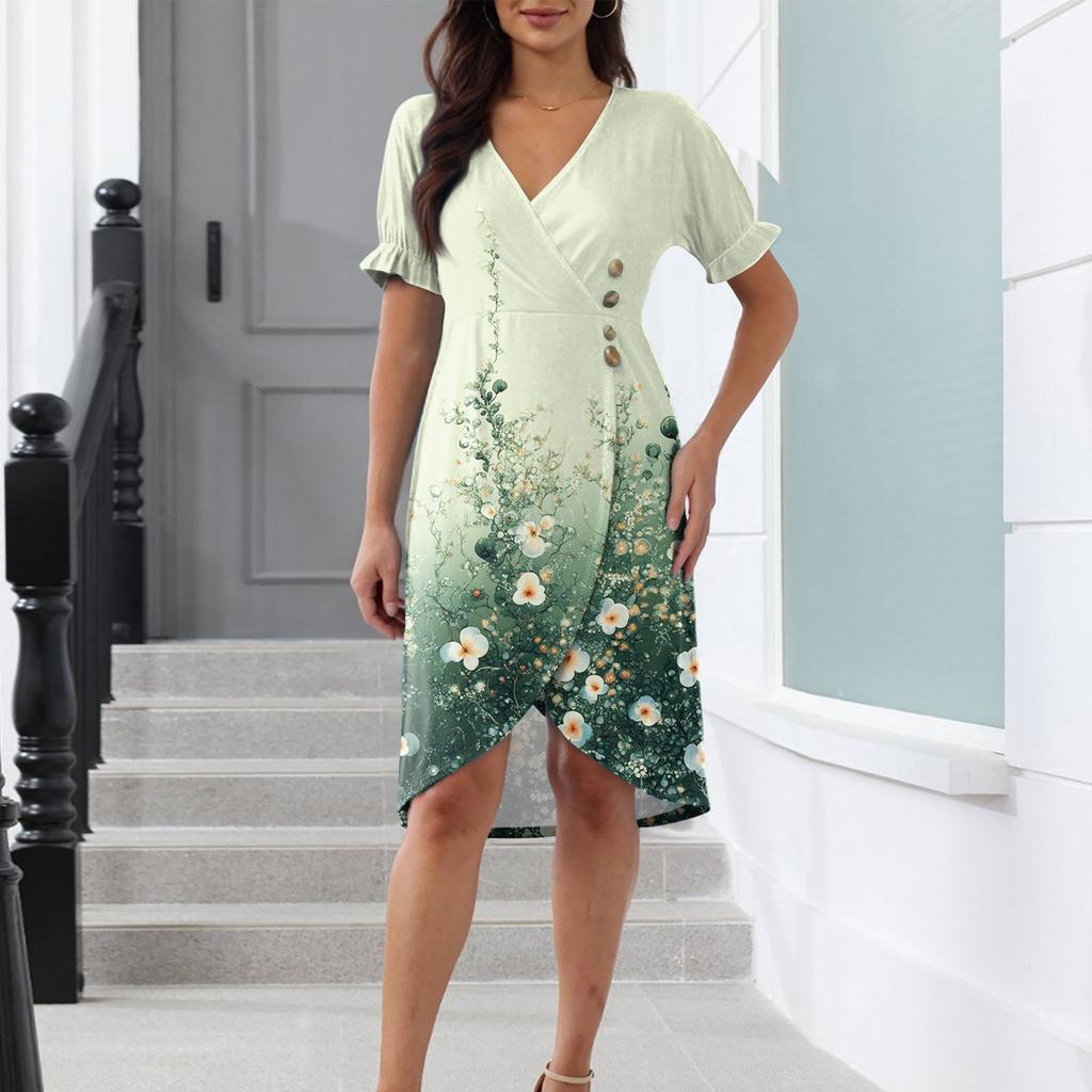 Beach Dresses For Women Spring Summer Elegant Wrap V Neck Floral Boho Dress Flowy Ruched Hawaiian Maxi Dress