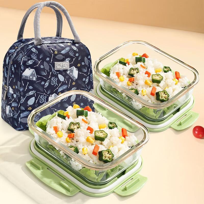 Demasi Heat-Resistant Glass Food Storage Containers, Microwave-Safe Lunch Boxes for Office Workers And Students, Nordic Greenn 700ml*2 + Bag