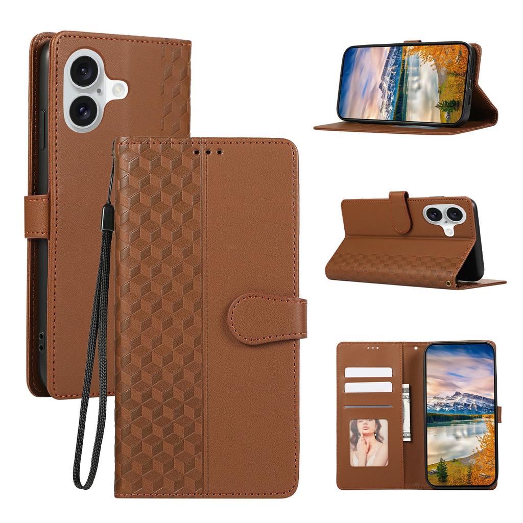 For iPhone 16 Case 3D Rhombus Grid Imprinted Wallet Leather Phone Cover with Lanyard