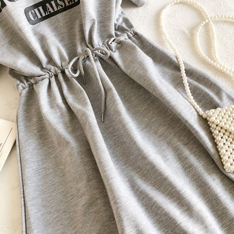 Round Neck Printed Drawstring Waist Cinching Slit Mid Length T-shirt Dresses