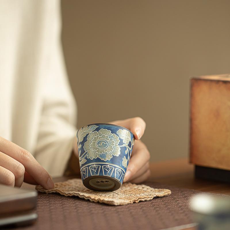 Blue and White Peony Tea Cup Ceramic Master's Cup Chinese Gongfu Tea  Elegant Collectible Teaware Gift for Tea Lovers