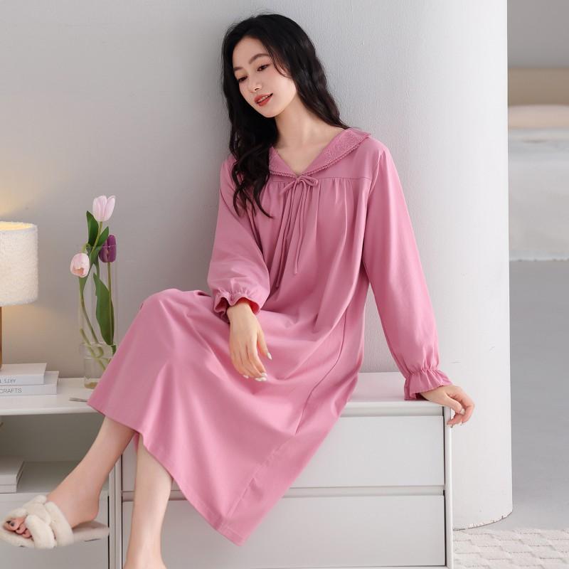 Womens Long Sleeve Cotton Nightgown With Built-in Bra Soft Loungewear