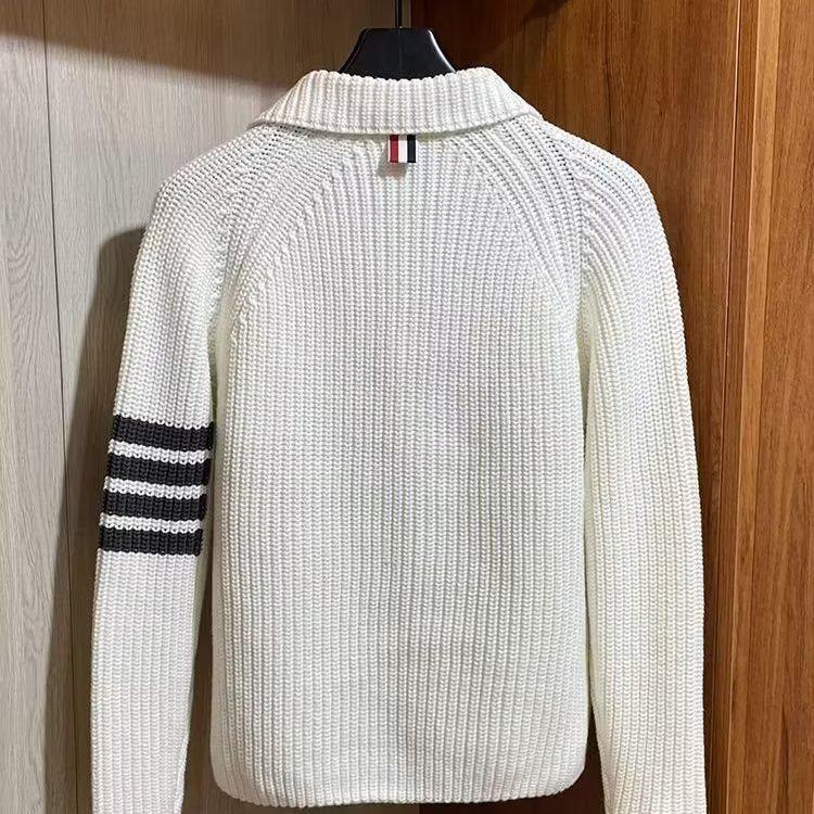 Unisex Korean-Style Cotton Knit Cardigan with Metal Zipper and Four Stripes