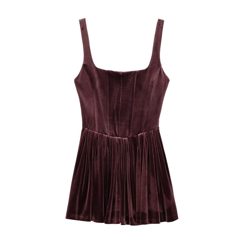 

Midnight Dark Plum Cute French Style Fancy Velvet Silm Drawstring Slim-Fit A- line Short Dress Women Midnight Mume Red L