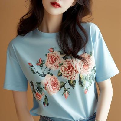 2025 Sommer Neu Einfaches und Frisches Blumenbedrucktes Kurzarm-T-Shirt Lässiges Mode Vielseitiges Oberteil für Damen