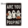 Retro Halloween Decor Wall Sign, Pumpkin Ghost Bathroom Metal Party Ornaments Art Witch Cat Festival Sign for Bar Home Room Vintage Signs
