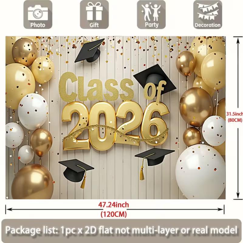 2D Class of 2026 Graduation Photography Background Cloth Gold Balloon Party Backdrop