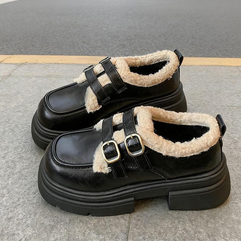 British Style Women's Large Size Soft Sole Winter Warm Fur One Snow Boots Padded Lined Ankle Boots Non-slip Hiking Sports Cotton Boots Leather Shoes