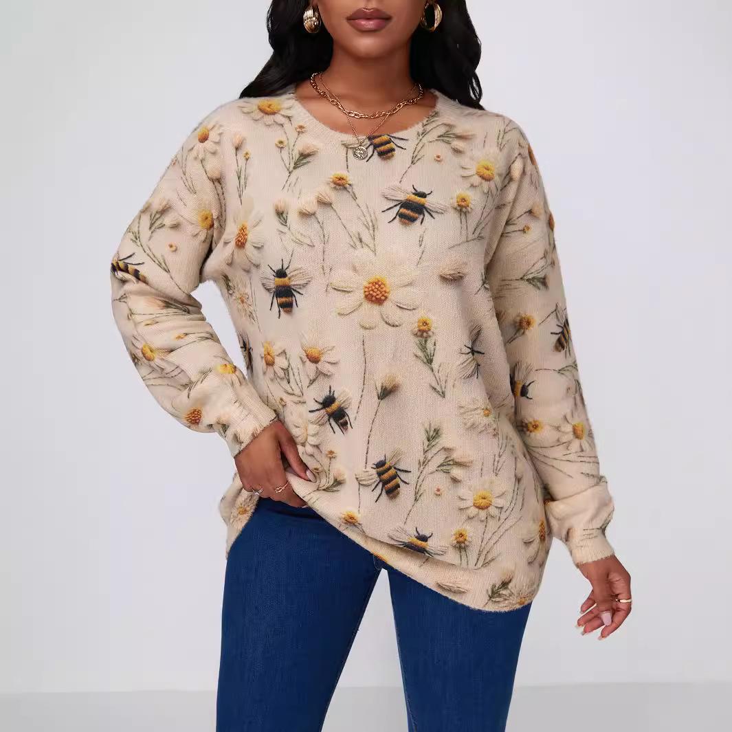 Autumn and winter new sweater bee print large size women s top European and American autumn casual loose shirt 0XL