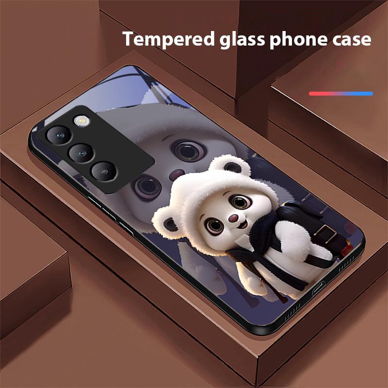 Cute Little Panda For Y72 33S 11 03 36 96 Lite 35 16 Iqoo 12 V40 SE 5G 29 40 21 30 X80 Pro Vivo Tempered Glass Phone Case Black