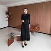 Velvet Plus Size Long Dress with Hollow Lace – Elegant, Slimming, and European-American Style