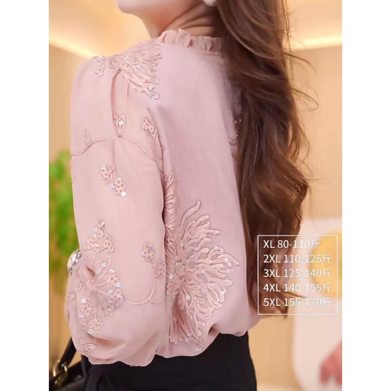 Cămașă la modă în stil național, cu paiete brodate și mâneci trei sferturi pentru femei, nouă, roz, cu temperament, top larg